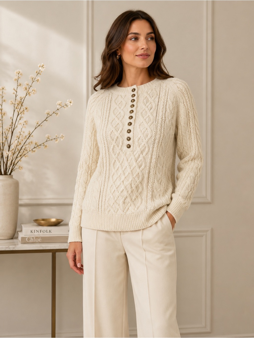 Sézane Women’s Ivory Cable Knit Cotton Sweater Button Front US XS